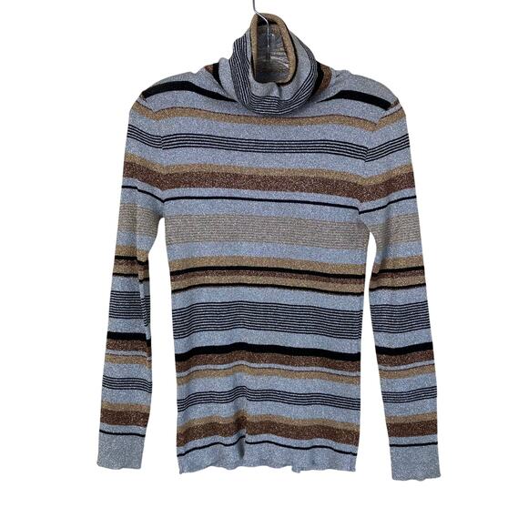 Vintage 70s 80s Metallic Lurex Striped Turtleneck Sweater Gold Silver Bronze - Picture 1 of 16